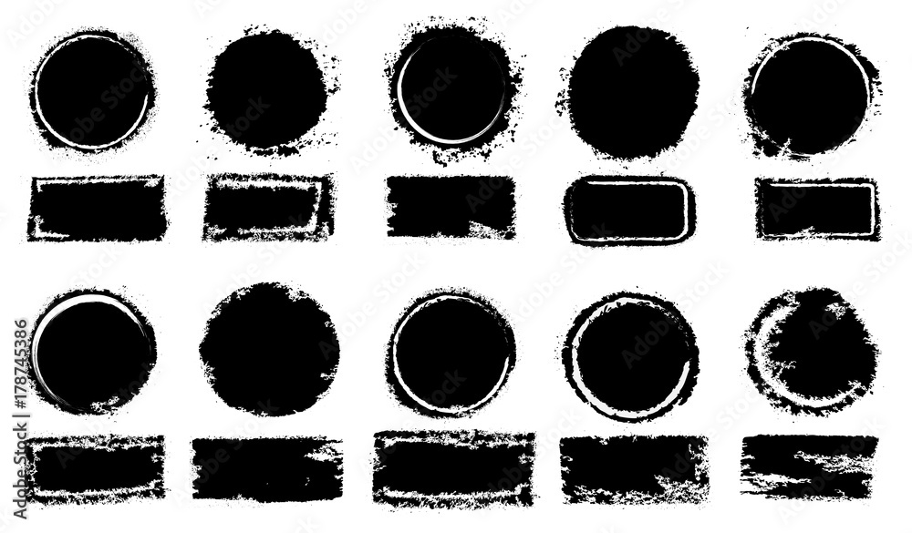 Grunge post stamps collection, circles. Freehand drawing. Banners, insignias, logos, icons, labels and badges set. Distress textures. Blank shapes. Vector illustration. Isolated on white background