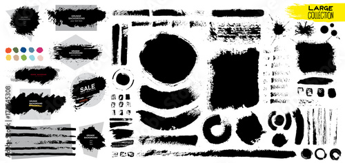 Big collection of black paint, ink brush strokes, brushes, lines, grungy. Dirty artistic design elements, boxes, frames. Vector illustration. Isolated on white background. Freehand drawing.