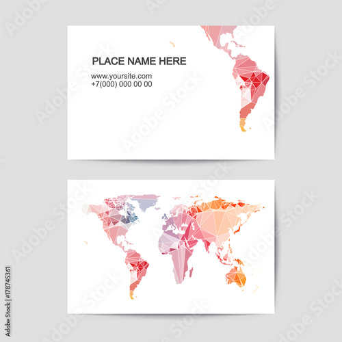 visit card template with polygonal silhouette of world map