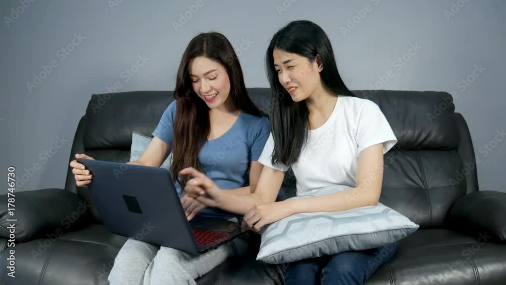 4k of Two woman working on laptop computer in living room 4k of Two woman working on laptop computer in living room