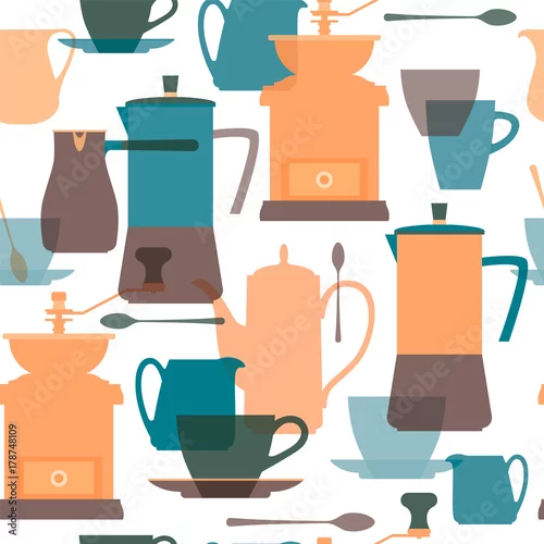 Tapety Ekspres do kawy, dzbanek do kawy, młynek do kawy, Cezve, dzban, filiżanka kawy, łyżka, spodek. Dania na kawę. Przezroczyste sylwetki w kolorze płaskim. Bez szwu tła Ilustracji wektorowych.