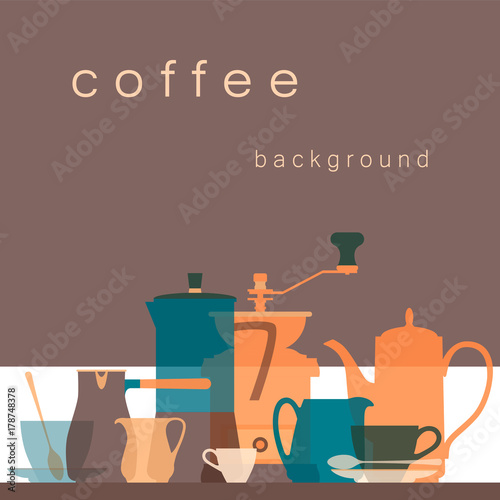 Dishes for coffee. Flat color transparent silhouettes. Coffee maker, pot, grinder, cezve, pitcher, cup, spoon, saucer. Design background for the menu, flyer, booklet, web site. Vector illustration.