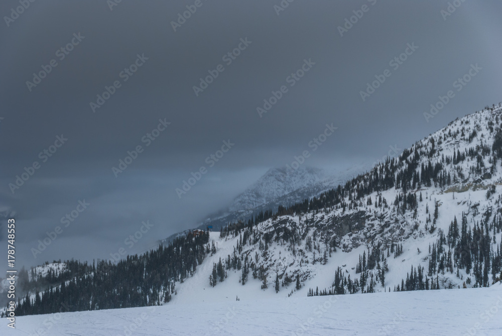 Obraz premium Snow covered trees on mountain top with moody skies