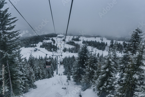 Gondola going up snow covered mountain between trees