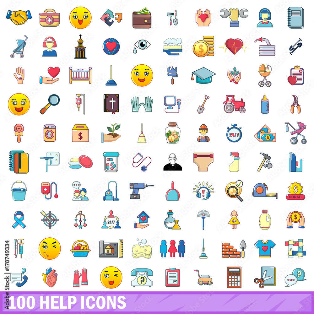100 help icons set, cartoon style 100 help icons set, cartoon style