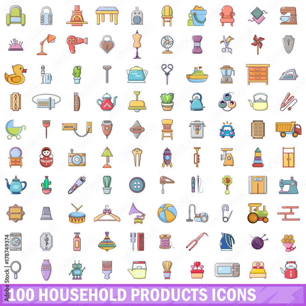 100 household products icons set, cartoon style 100 household products icons set, cartoon style
