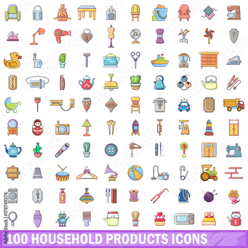 100 household products icons set, cartoon style 