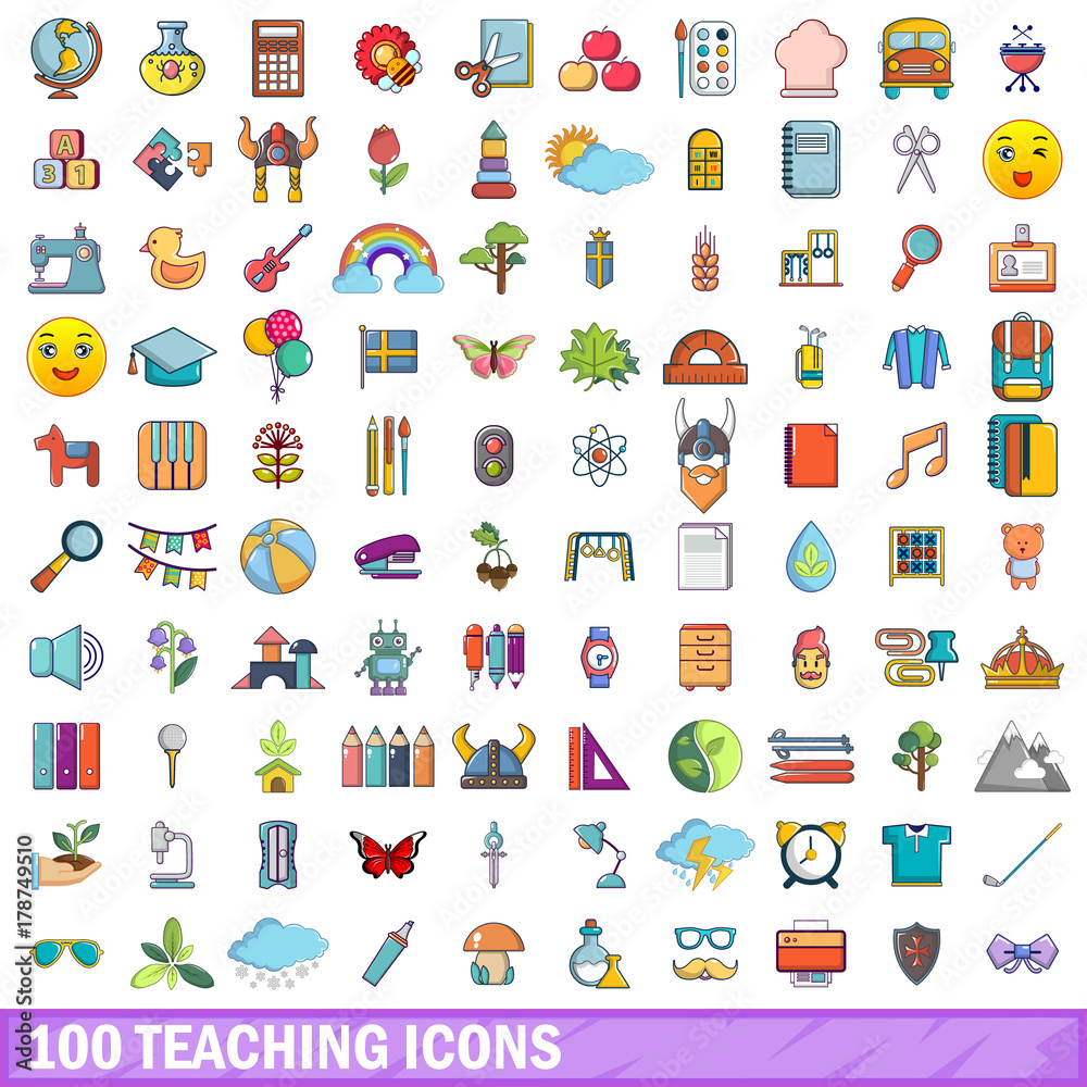 100 teaching icons set, cartoon style 100 teaching icons set, cartoon style