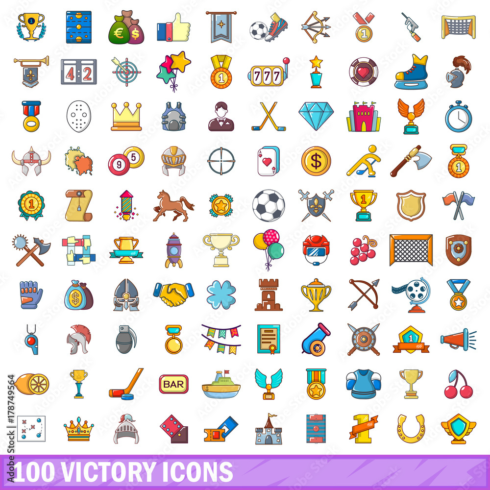 100 victory icons set, cartoon style 100 victory icons set, cartoon style