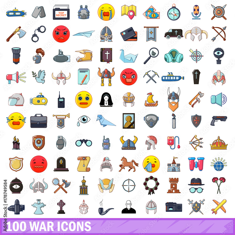 100 war icons set, cartoon style 100 war icons set, cartoon style