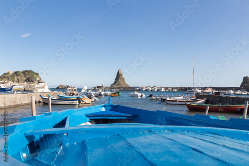ITALY, ACITREZZA - October 07, 2017: Acitrezza and its little fishing port on cyclops riviera in Sicily, Catania.