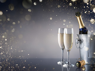 Celebration With Champagne - Pair Of Flutes And Bottle In Ice Bucket
