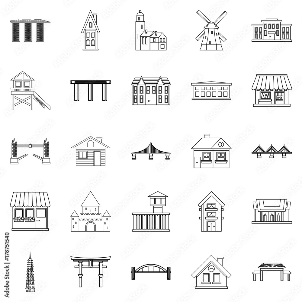 Architecture of the country icons set, outline style Architecture of the country icons set, outline style