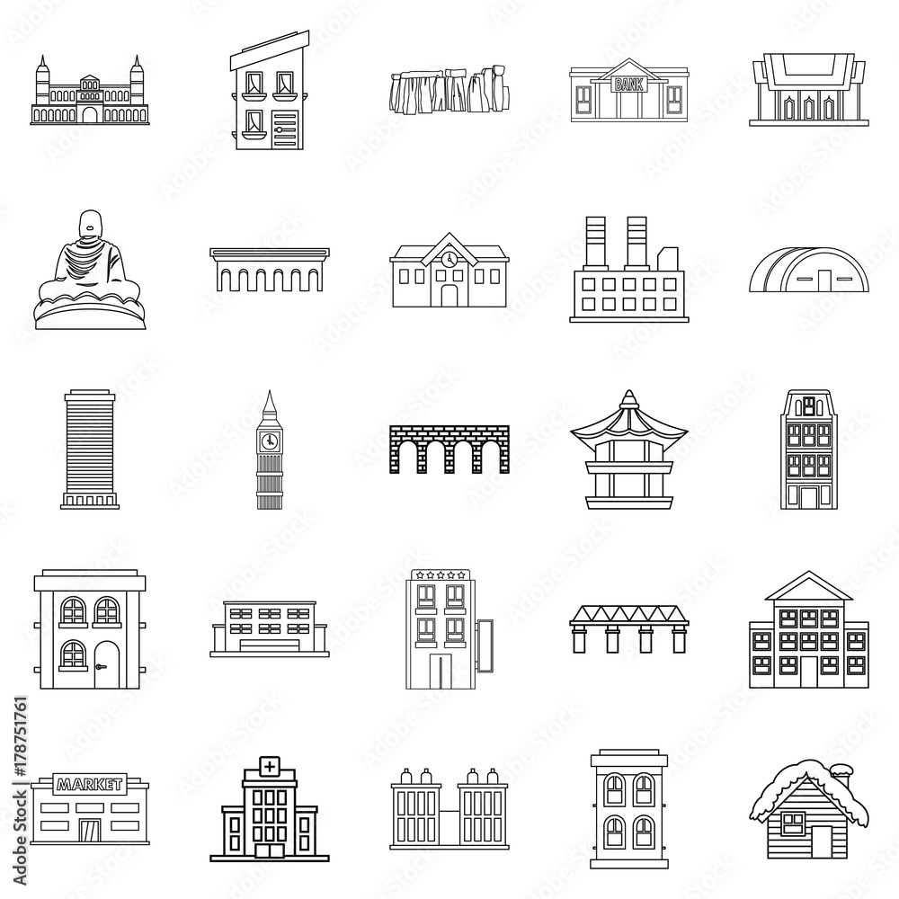 Hotel icons set, outline style