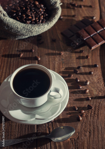 Morning cup of coffee with chocolate