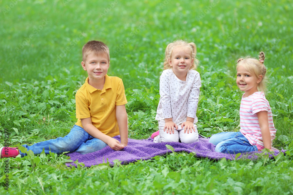 Adorable little children sitting on blanket in park Adorable little children sitting on blanket in park