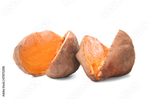 Baked sweet potato on white background