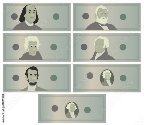 Dollars Banknotes Set Vector. Cartoon US Currency. American Money Bill Isolated Illustration. Cash Dollar Symbol. Every Denomination Of US Currency Note. Portraits of US Presidents. George Washington