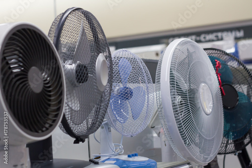 Moscow, Russia - October 27, 2017 : different types of fan are on the shelf in the supermarket.