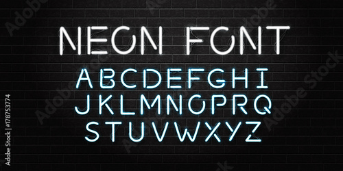 Vector realistic isolated neon font letters for decoration and covering on the wall background.