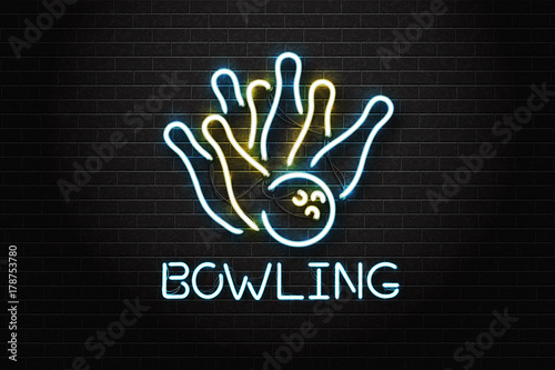 Vector realistic isolated neon sign for bowling for decoration and covering on the wall background. Concept of game sport and bowling club.