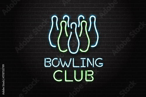 Vector realistic isolated neon sign for bowling for decoration and covering on the wall background. Concept of game sport and bowling club.