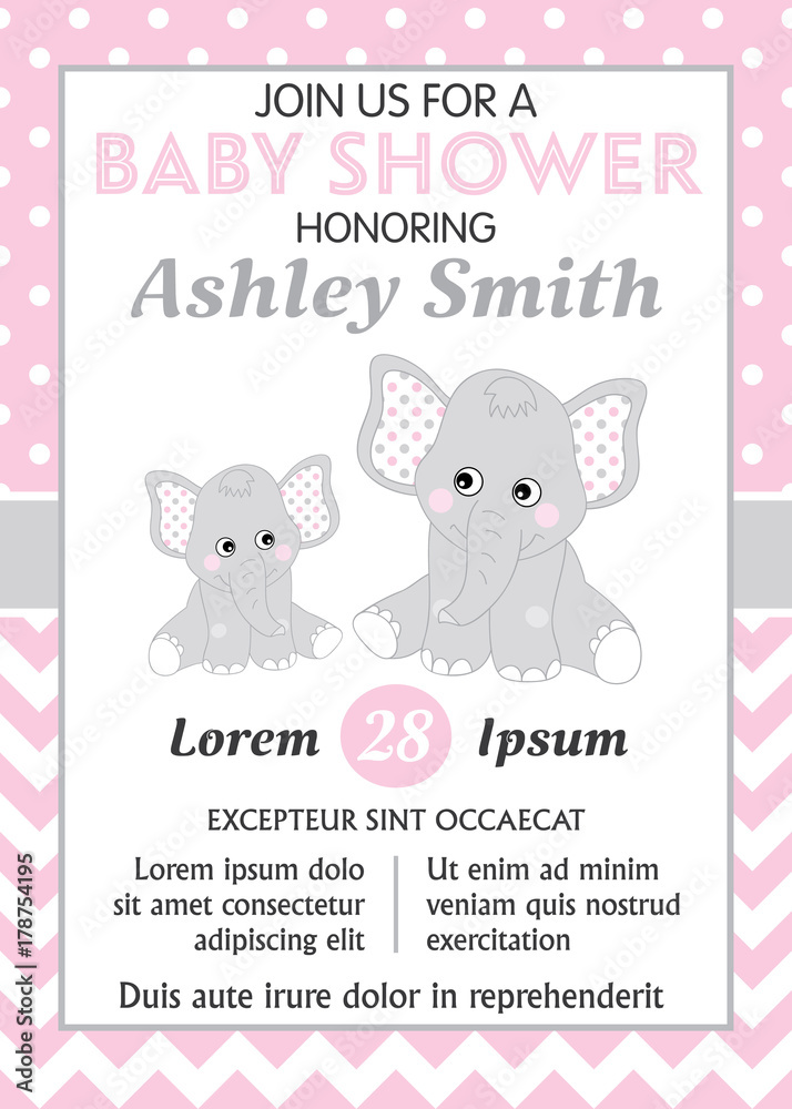 Vector Card Template with Cute Elephants for Baby Girl Shower Vector Card Template with Cute Elephants for Baby Girl Shower