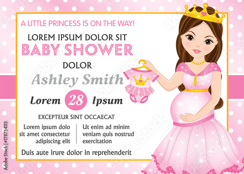 Vector Card Template with Pregnant Woman for Baby Shower. Vector Baby Girl