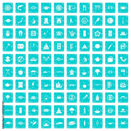 100 sushi bar icons set grunge blue