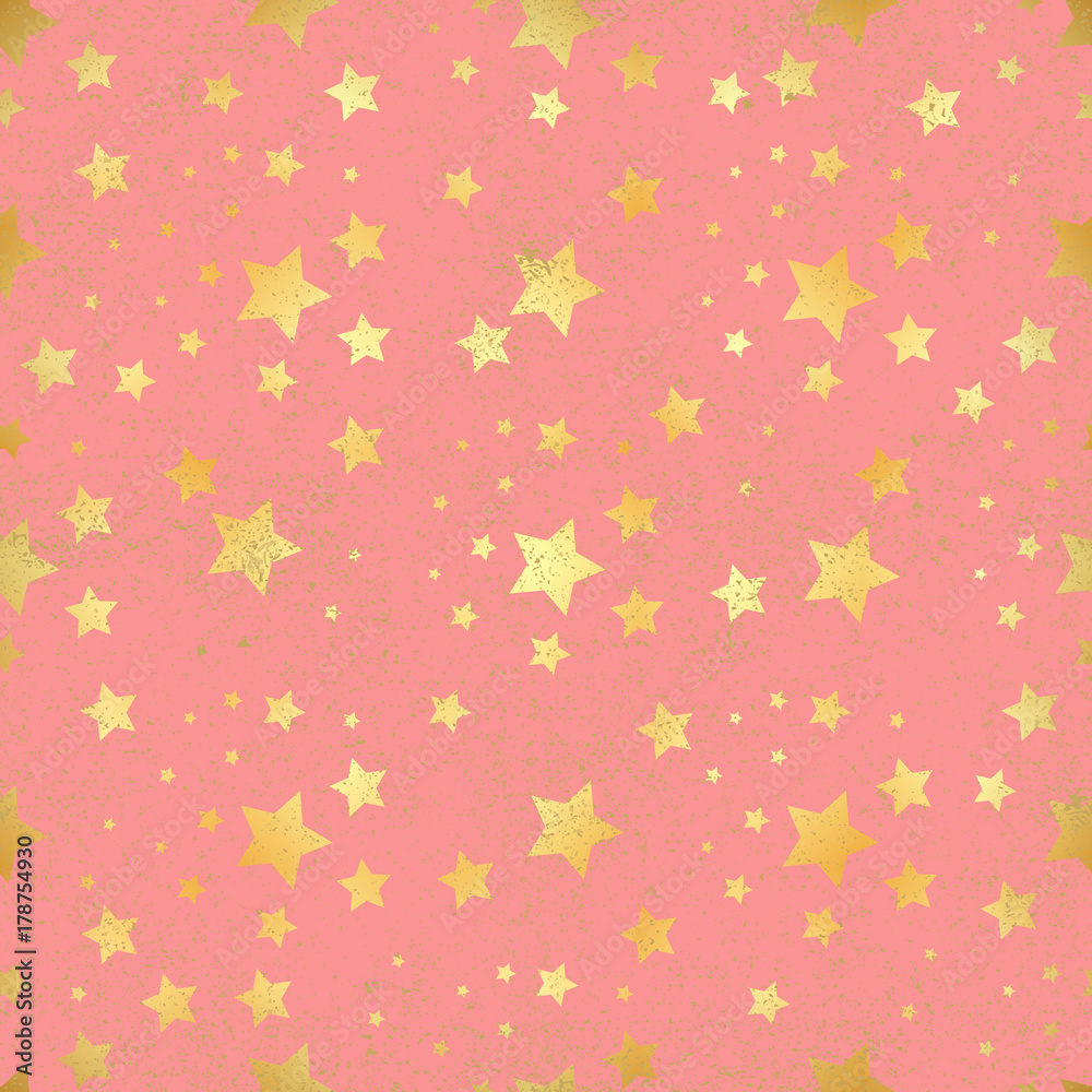Gold star seamless pattern. Abstract red modern seamless pattern with gold confetti stars. Shiny background. Texture of gold foil.