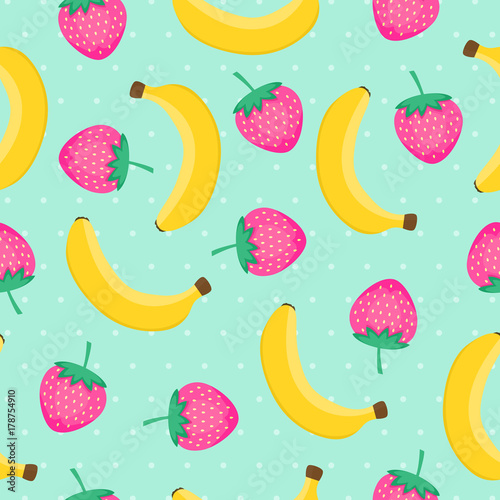 Seamless pattern with yellow bananas and pink strawberries. Cute vector background. Fruit illustration on mint background with polka dots