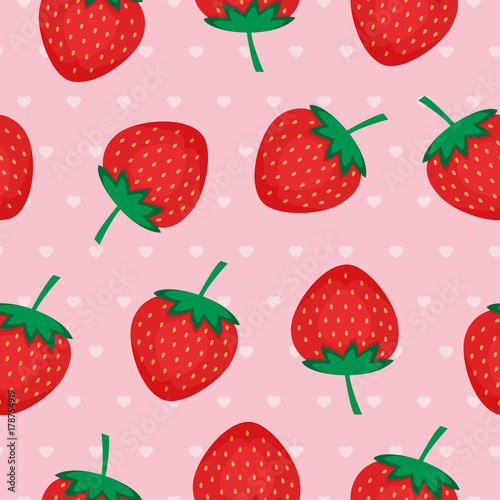 Seamless background with red strawberries. Vector strawberry pattern on pink background with hearts. Design for wallpapers, web pages, textures, textile photo