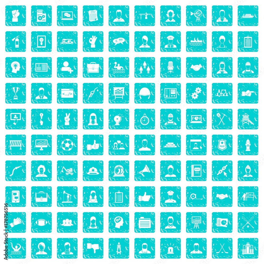 100 team work icons set grunge blue