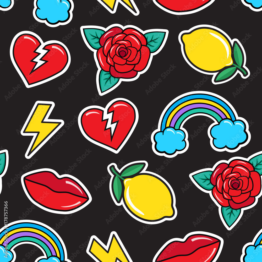 Seamless colorful pattern in fashion rockabilly tattoo style. Patches set, broken heart, rose, lemon, lips, rainbow etc on black background. Vector illustration of modern vintage stickers Stock Vector | Adobe Stock Seamless colorful pattern in fashion rockabilly tattoo style. Patches set, broken heart, rose, lemon, lips, rainbow etc on black background. Vector illustration of modern vintage stickers Stock Vector | Adobe Stock