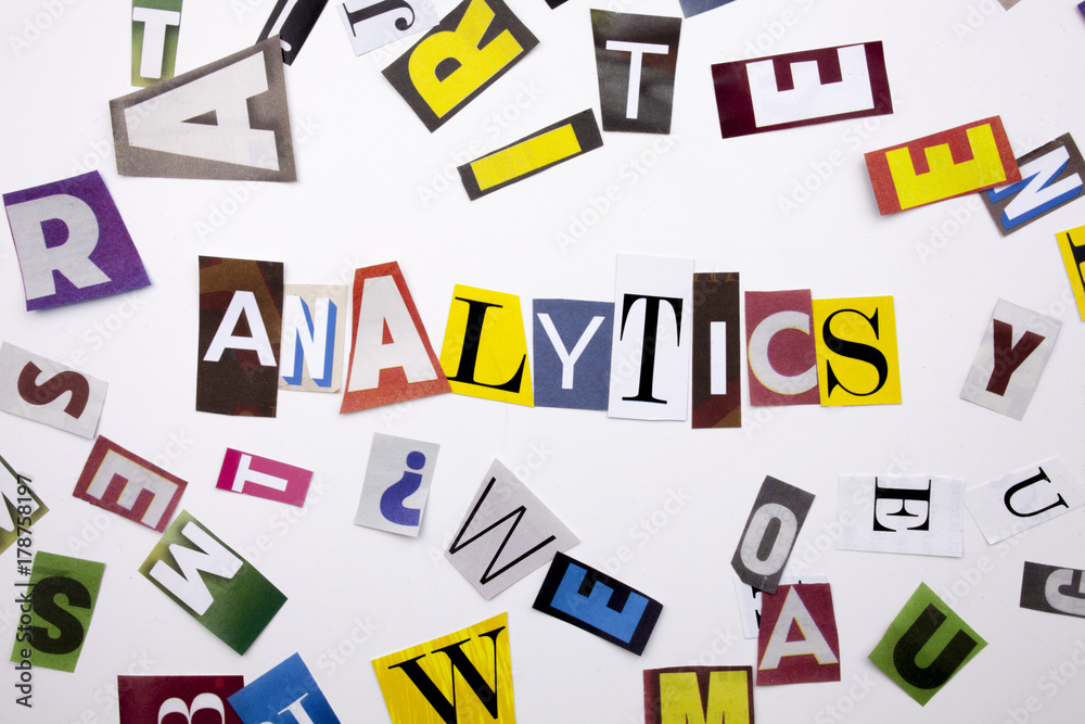 A word writing text showing concept of ANALYTICS made of different magazine newspaper letter for Business case on the white background with copy space A word writing text showing concept of ANALYTICS made of different magazine newspaper letter for Business case on the white background with copy space