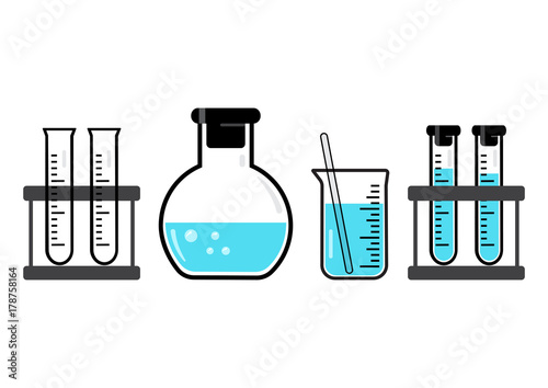 Chemical vessels and flasks with blue liquid. Vector illustration