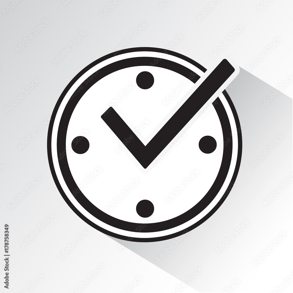 Check mark on clock, real time protection icon with shadow. Black and white vector illustration Check mark on clock, real time protection icon with shadow. Black and white vector illustration