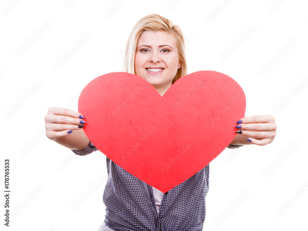 Woman holding big red heart, love sign Woman holding big red heart, love sign