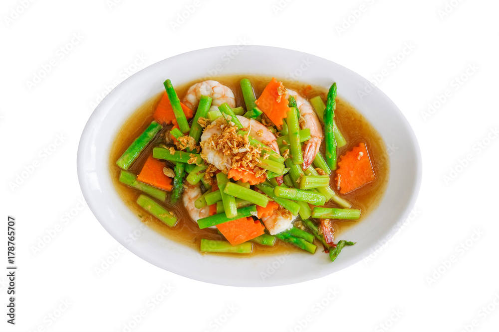 stir fried asparagus and carrot with shrimp on white plate isolated on white background with clipping path stir fried asparagus and carrot with shrimp on white plate isolated on white background with clipping path