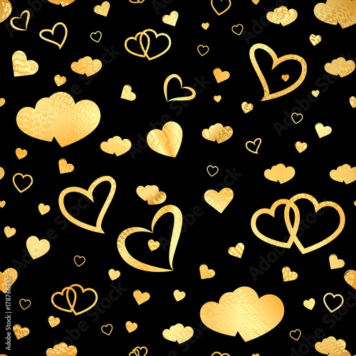 Seamless pattern with gold shining hearts on a black background. For Valentines day or wedding design. Raster version