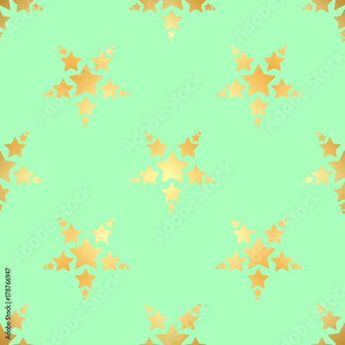 Gold star seamless pattern. Abstract black modern seamless pattern with gold confetti stars. Vector illustration. Shiny background. Texture of gold foil.