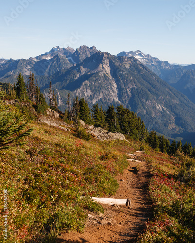 A view of mountain peaks in the Cascade Range while hiking the Mount Dickerman trail in the Autumn Season. 