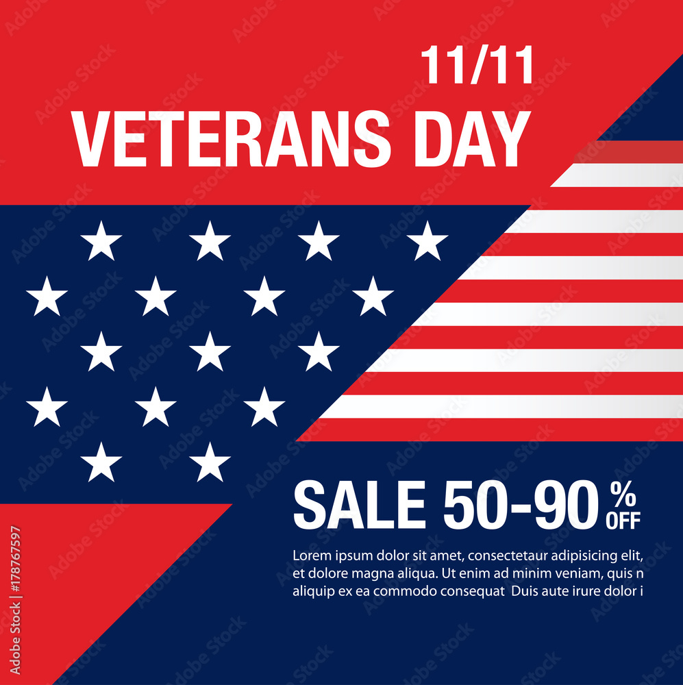 Happy Veterans Day sale banner. Holiday background with bunting flags and captain cap. Thank you, Veterans. Vector illustration