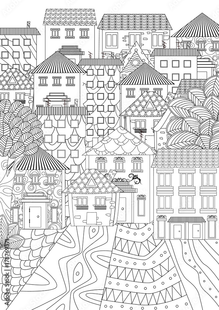 cozy cityscape for coloring book