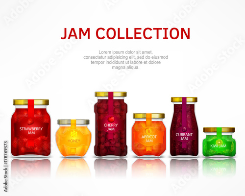 Fruit jam collection, natural glass jar, food design poster.