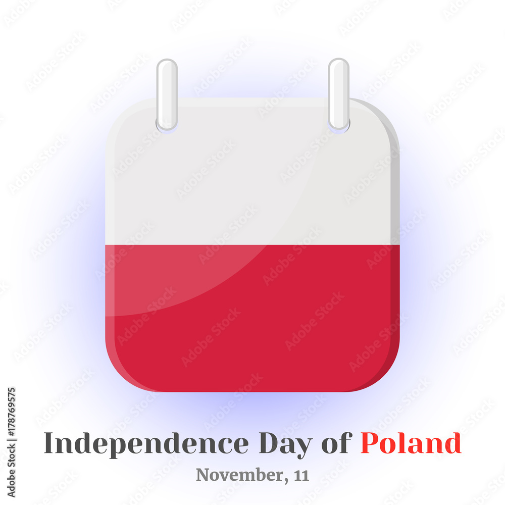 Calendar Icon with flag of Poland and lettering for your design isolated on blue background in cartoon style for Independence Day. Vector illustration. Holiday Collection. Calendar Icon with flag of Poland and lettering for your design isolated on blue background in cartoon style for Independence Day. Vector illustration. Holiday Collection.