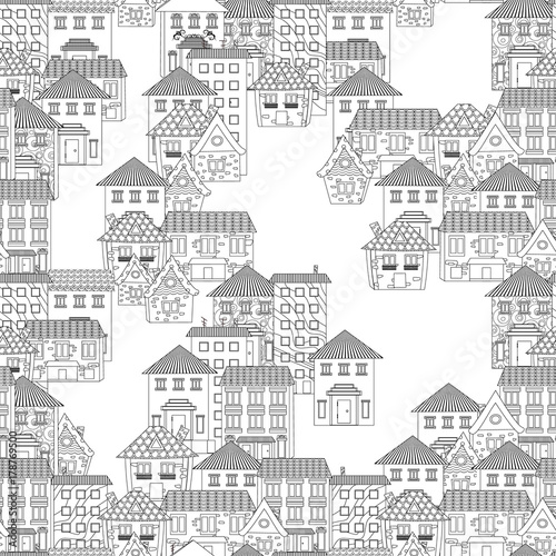 seamless texture with cute houses for coloring book
