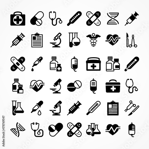 Set of medical icons on white, medicine symbols in black. Vector