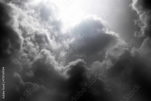 Dramatic atmosphere panorama view of sky and storm clouds in artistic black and white photography background.