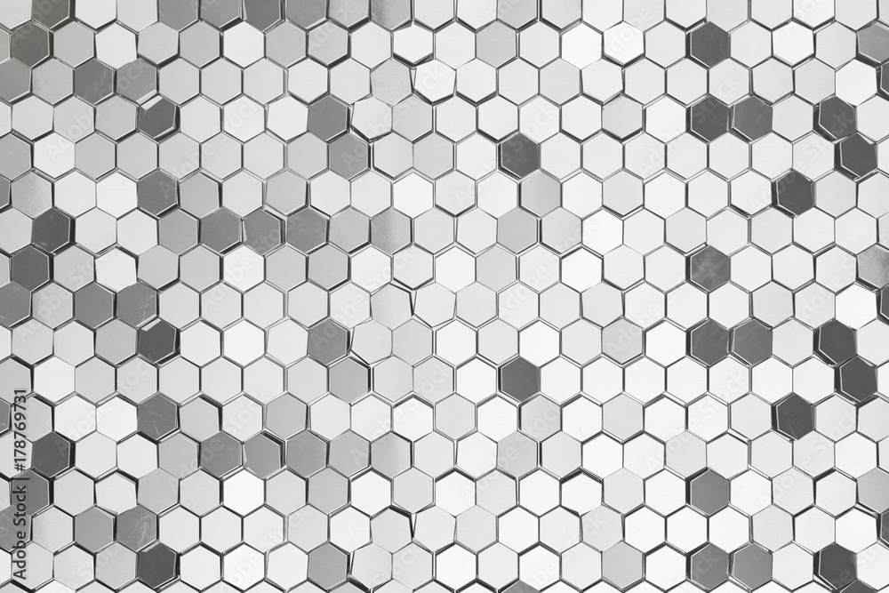 Silver abstract hexagonal background with depth of field effect. Structure of a large number of hexagons. Steel honeycomb wall texture, shiny hexagon clusters background, 3D rendering Silver abstract hexagonal background with depth of field effect. Structure of a large number of hexagons. Steel honeycomb wall texture, shiny hexagon clusters background, 3D rendering